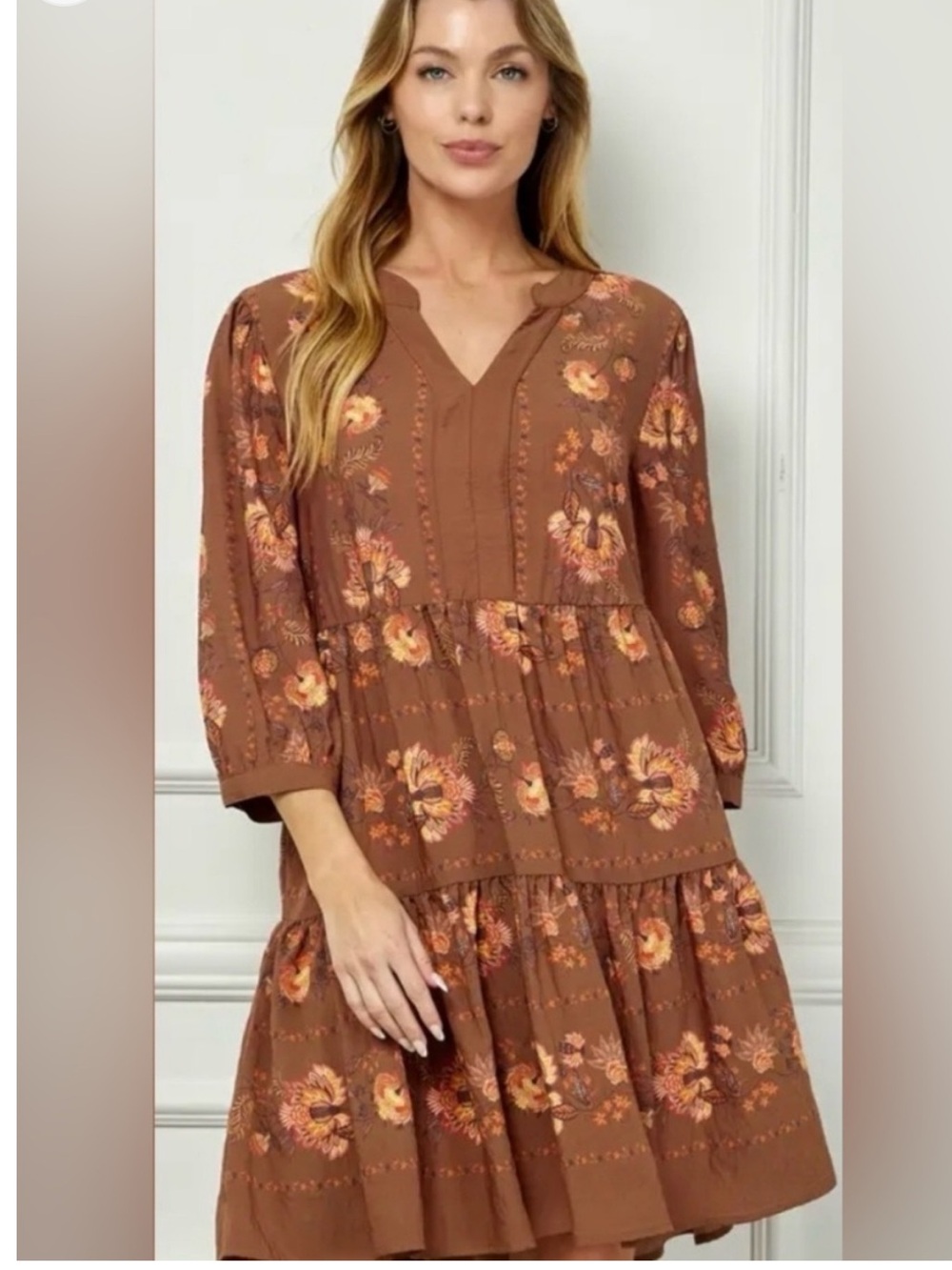 ATHROPOLOGIE Fig + Flower Brown/Rust Tiered Floral Dress